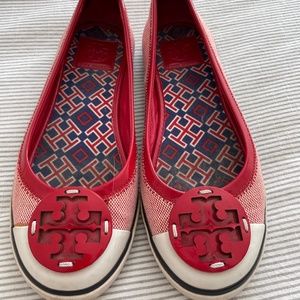 Tory Burch Red and White Canvas Channing Slip on Sneakers size 8.5